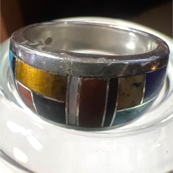 Southwest Sterling Silver Ring 9.5 Inlay Turquoise Lapis MOP Coral Mosaic Signed - Picture 8 of 11